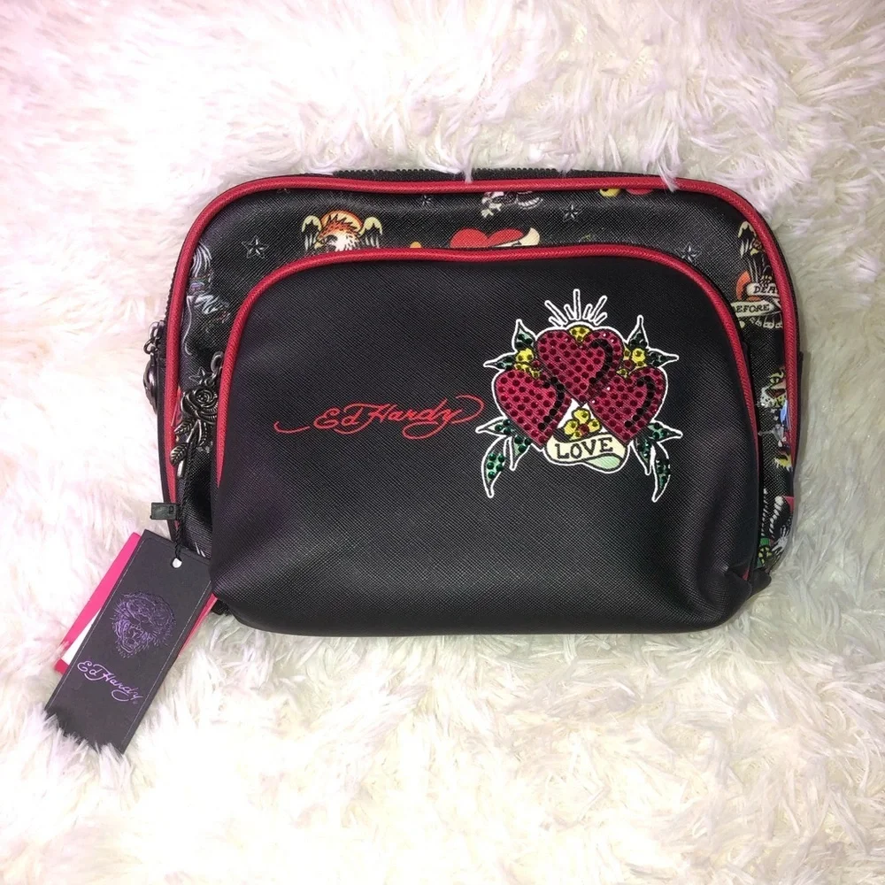 Ed Hardy Black Cosmetic Bag with Red Trim and Heart Graphic